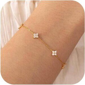 14K Gold Plated Clover Stackable Link Chain Ring Bracelet Hand Chain for Women